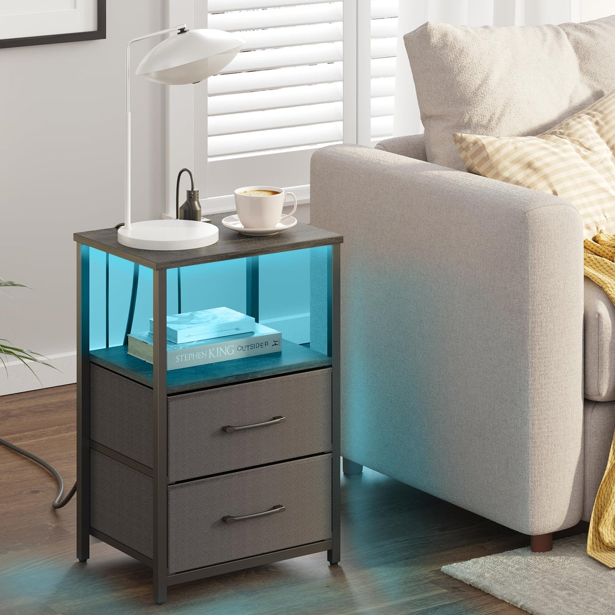 TUTOTAK LED End Table with Charging Station, Nightstand with Cloth Drawer, Side Table with 1 USB Port and 1 Type-C port, set of 2, Couch Table, Charcoal Grey TB01BY052L TUTOTAK