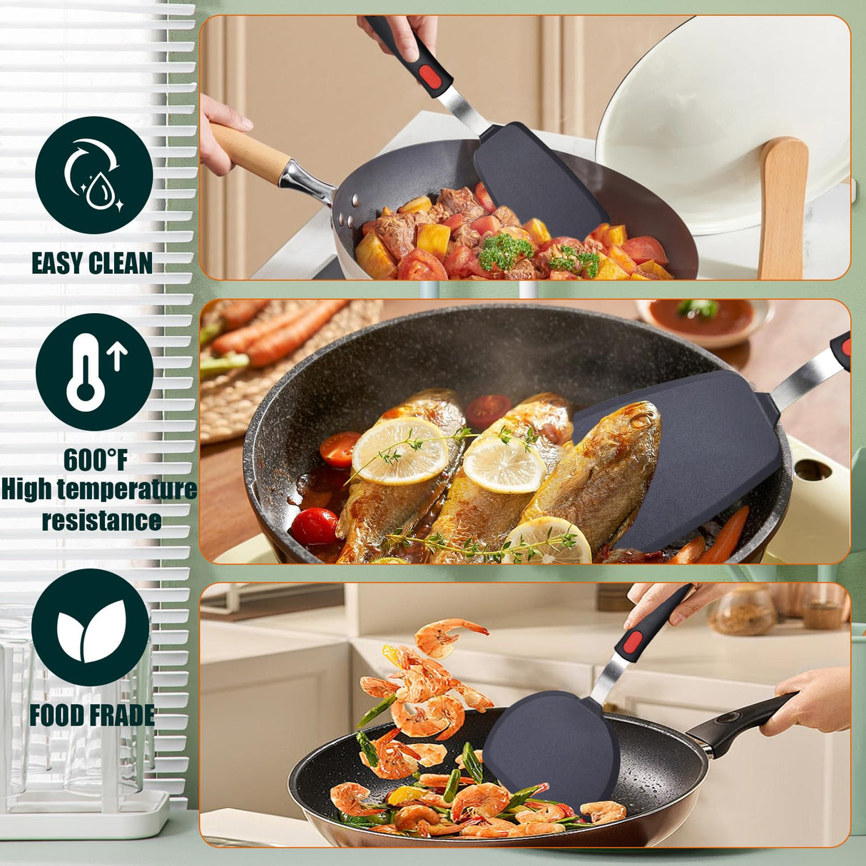 Silicone Spatula Turner Set,3-Pack Spatula Set,600°F Heat Resistant Spatula for Non Stick Cookware,Large Flexible Kitchen Utensils for Baking,Cooking,No Scratching and Melting,Dishwasher Safe,BPA Free TOTDTDA