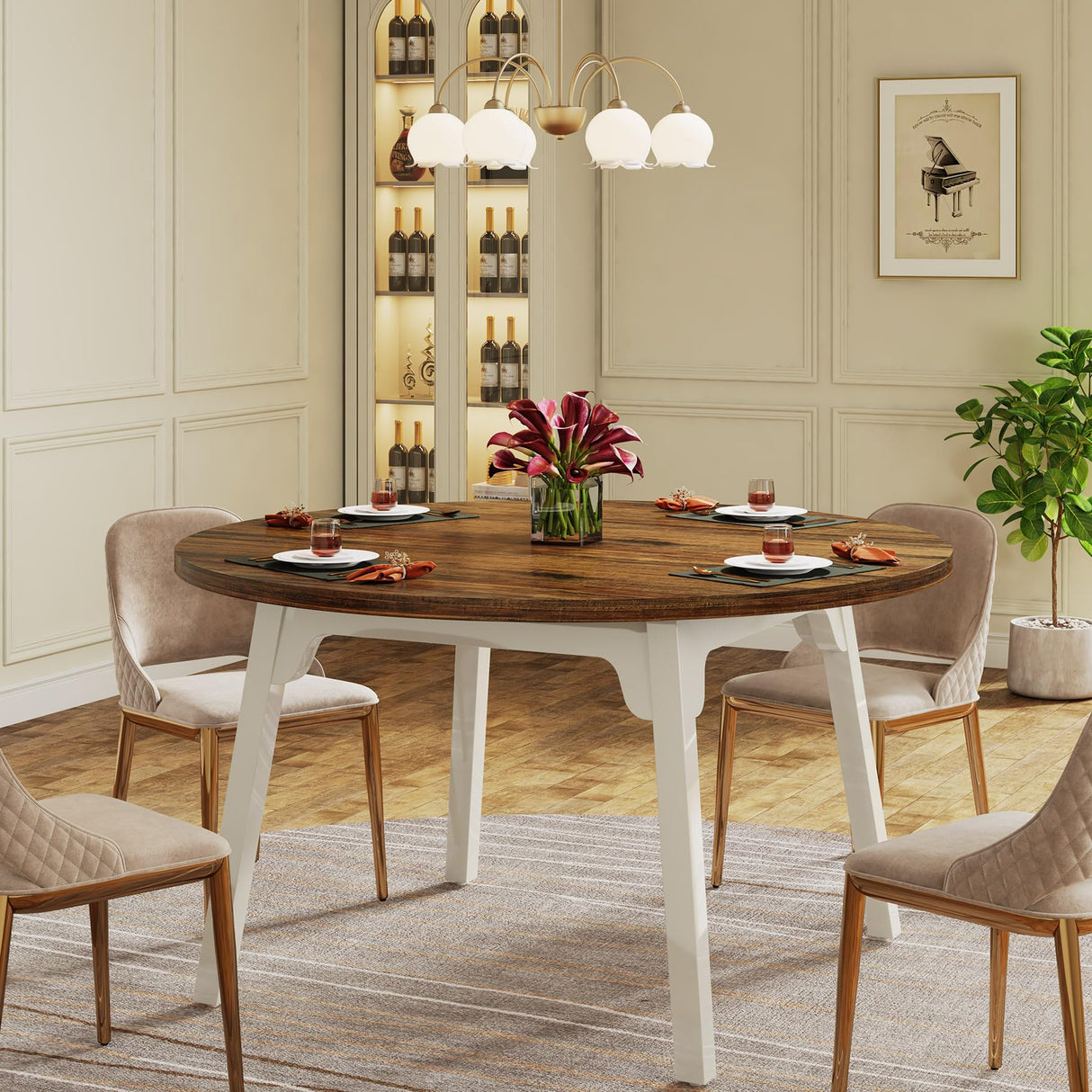 Tribesigns Round Dining Table for 4-6, 47-Inch Farmhouse Kitchen Table with Solid Wood Legs for Kitchen, Dining Room, Living Room (White and Rustic Brown) Tribesigns