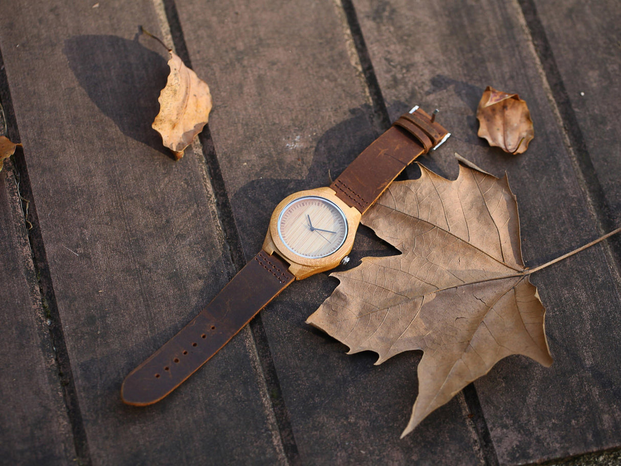 CUCOL Mens Wooden Watches Brown Cowhide Leather Strap Casual Watch for Groomsmen Gift with Box CUCOL