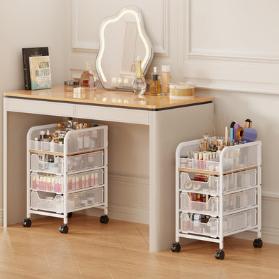 Rolling Makeup Cart Organizer with 3 Drawers, 4-Tier Narrow Floor Skincare Organizers with dividers, Vanity Organizer Cosmetics Display Cases for Makeup Brush, Hair Tool, White