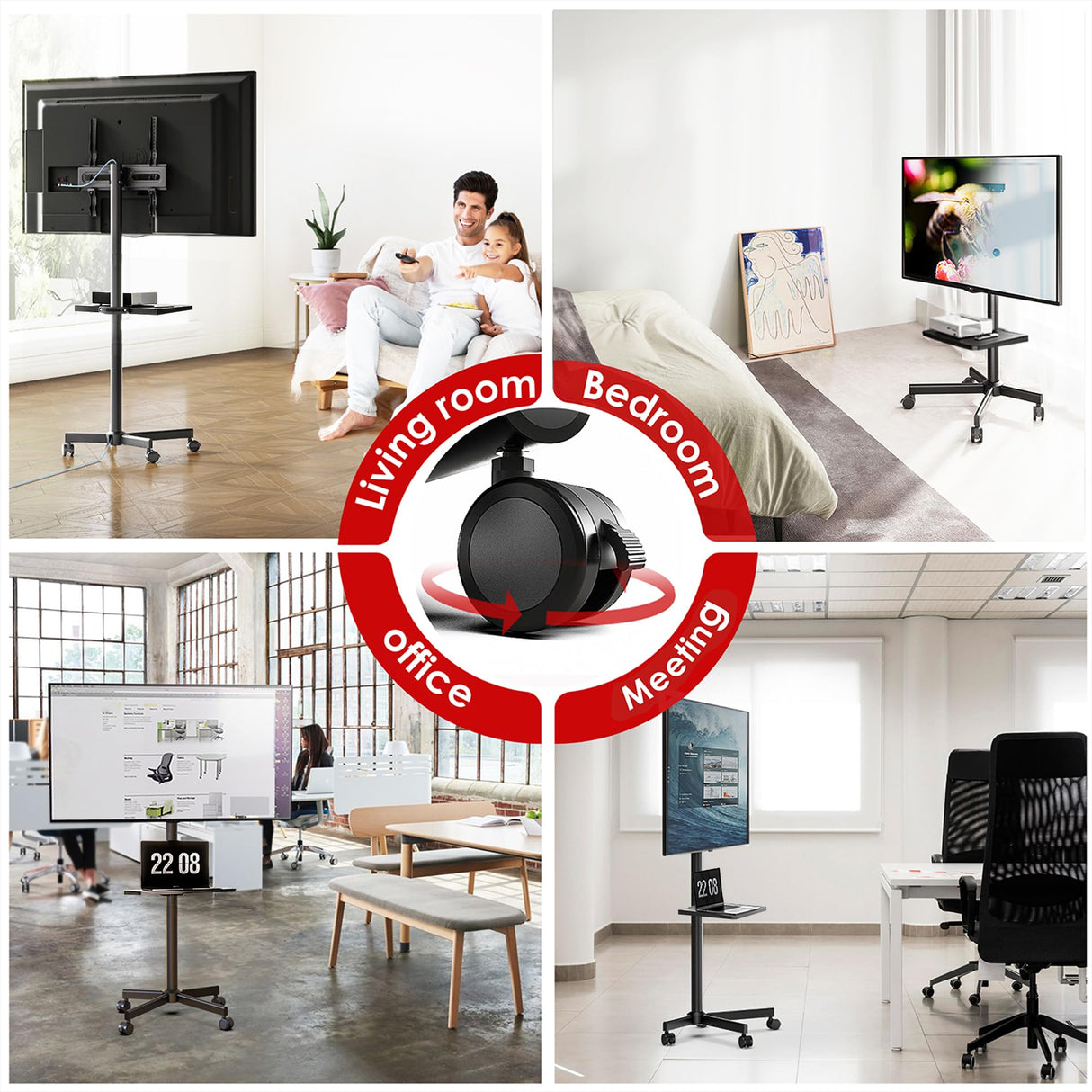 AOKCOS Rolling TV Stand - Mobile TV Stand on Wheels for 32-65 inch Flat/Curved TVs with Tilting, Height Adjustment Portable Rolling TV Cart Hold up to 88 Lbs for Livingroom, Bedroom, Office, Outdoor AOKCOS