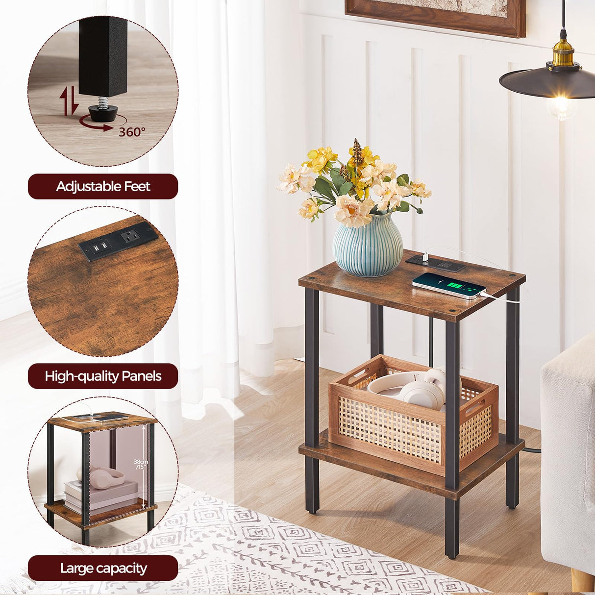 MAHANCRIS Side Table Set of 2, End Table with Charging Station, Nightstand with USB Ports and Outlet, Wooden Bedside Table for Small Space,Living Room, Bedroom, Easy Assembly, Rustic Brown ETHR79E01S2 MAHANCRIS