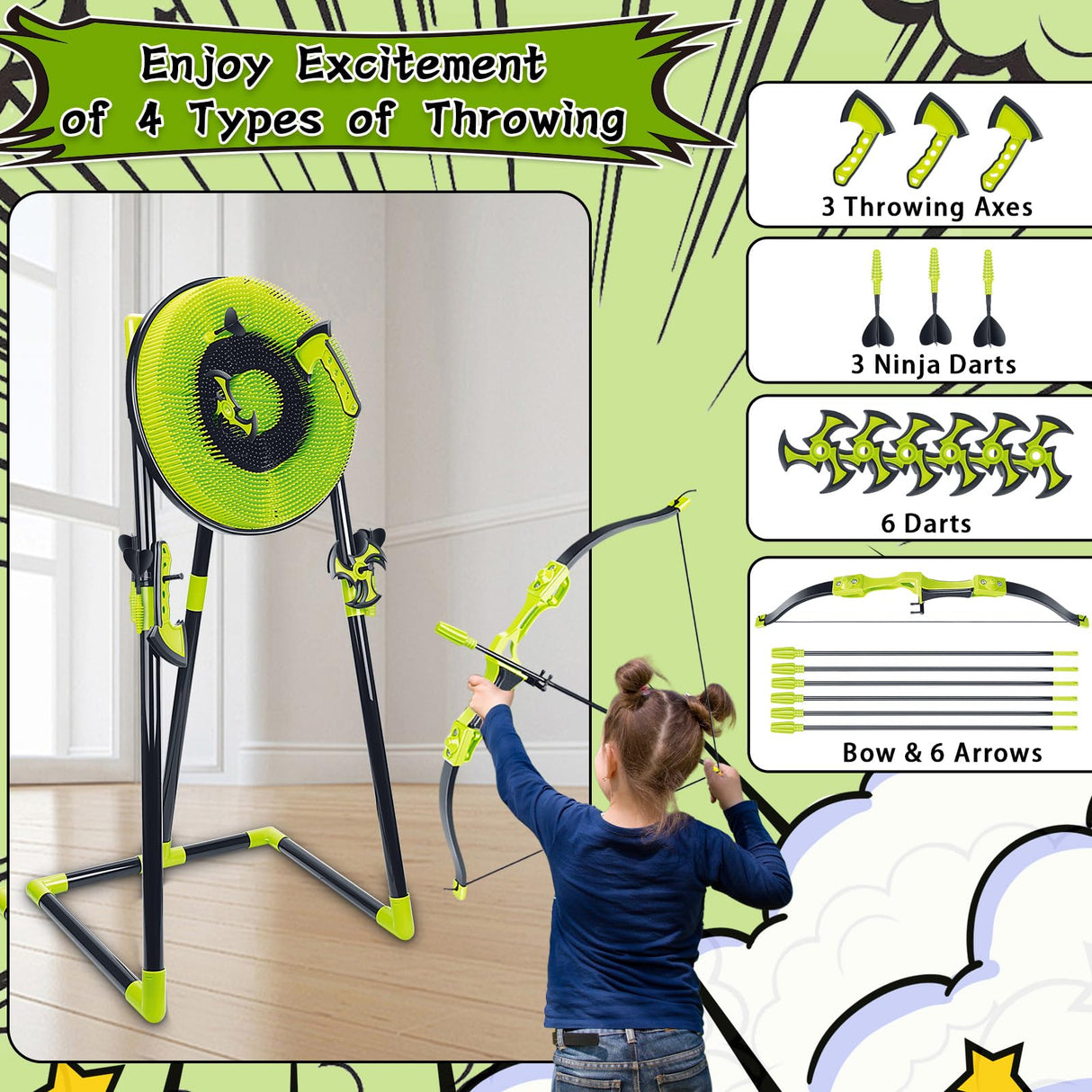 Hitish 4 in 1 Axe Throwing Target Set for Backyard Kids Adults, Includes Bristle Target, Bow & 5 Arrow, 3 Throwing Axes, 3 Ninja Stars, 6 Darts, Safe Plastic for Indoor & Outdoor Hitish