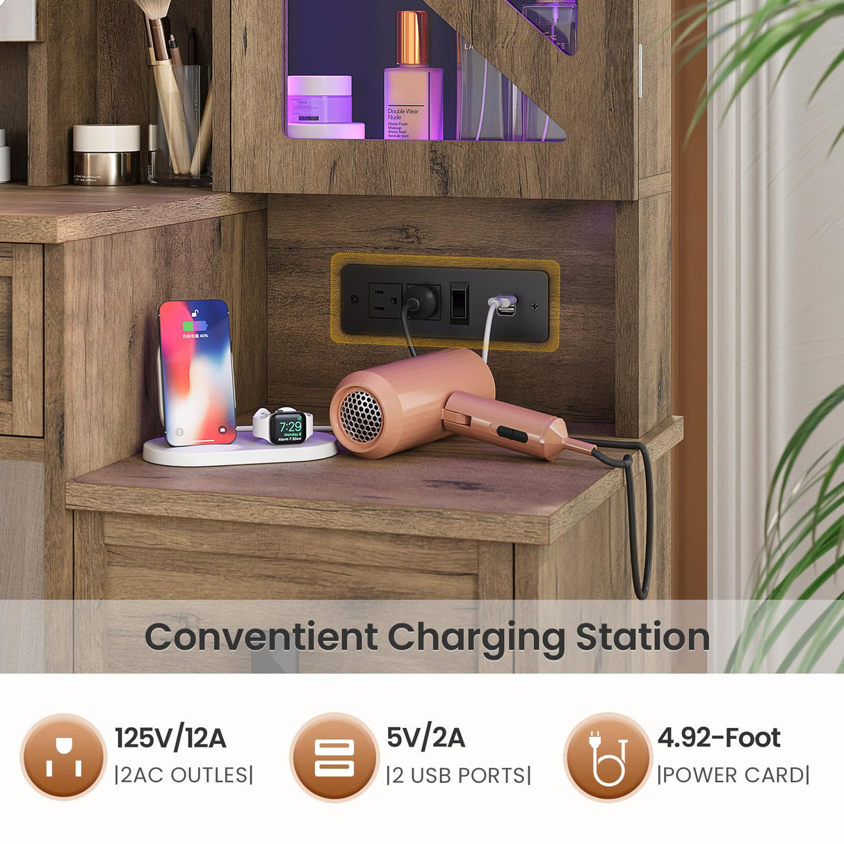 AOGLLATI Farmhouse Vanity Desk with Mirror and Lights, Makeup Vanity Set with Lights & Jewelry Cabinet & 5 Drawers, Vanity Table with Charging Station, Hidden Storage Space for Bedroom, Brown AOGLLATI