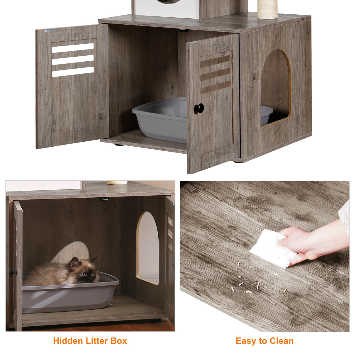 Heybly Cat tree, Wood Litter Box Enclosure with Food Station, All-in-one Indoor Cat Furniture with Large Platform and Condo, Modern Style Cat Tower, Hammock, Rustic Brown HCT103SG Heybly