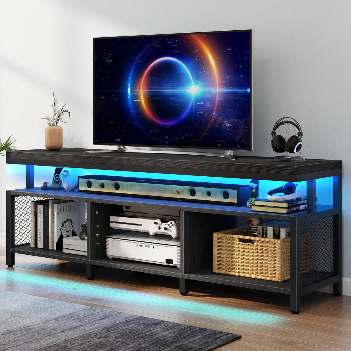 DWVO Living Room TV Stands for 70/65 inch TV LED Entertainment Center with Storage, Modern Television Stand, Industrial Media Console Cabinet with Power Outlets, Black DWVO