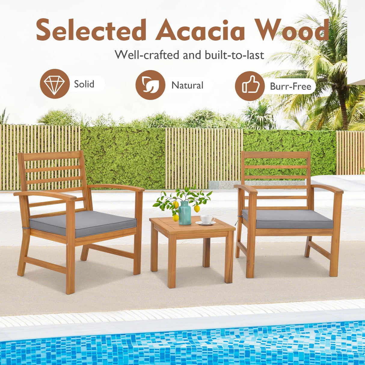 Tangkula 3 Pieces Outdoor Furniture Set, Acacia Wood Conversation Set with Soft Seat Cushions, Stable Acacia Wood Frame, Patio Sofa & Coffee Table Set for Backyard, Porch, Poolside (Grey) Tangkula
