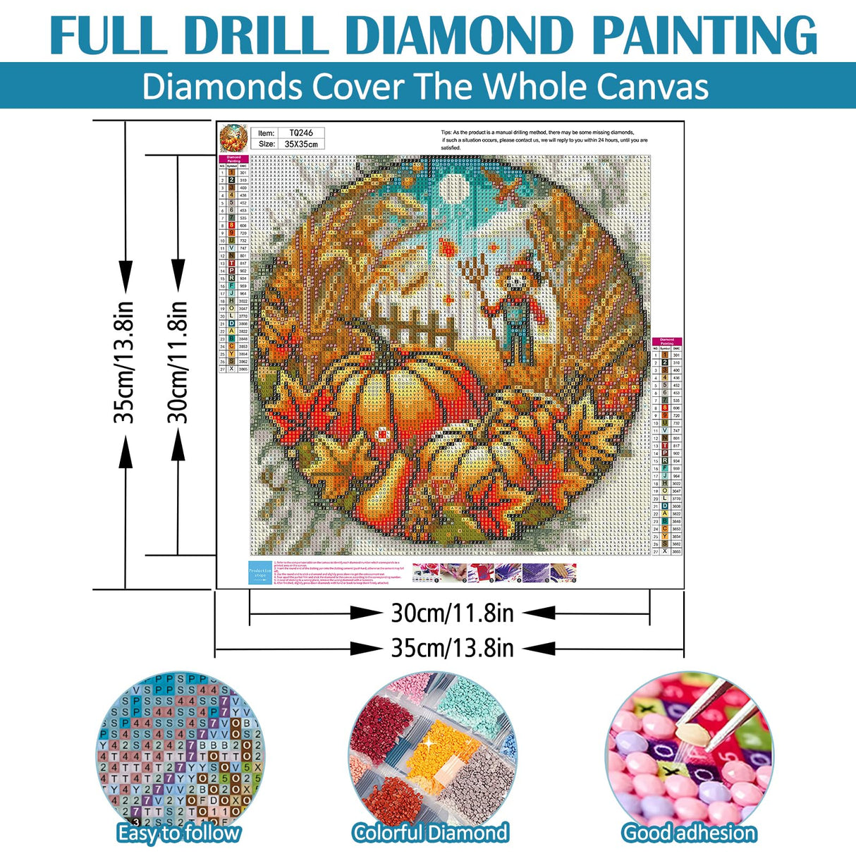 Fall Farm Pumpkin Scarecrow Diamond Art Kits for Adults, 5D Diamond Painting Kits for Adults Beginners, DIY Full Round Drill Diamond Dot Painting Gem Art Kits for Adult, Home Wall Decor 13.8x13.8 Inch VCLKDIY
