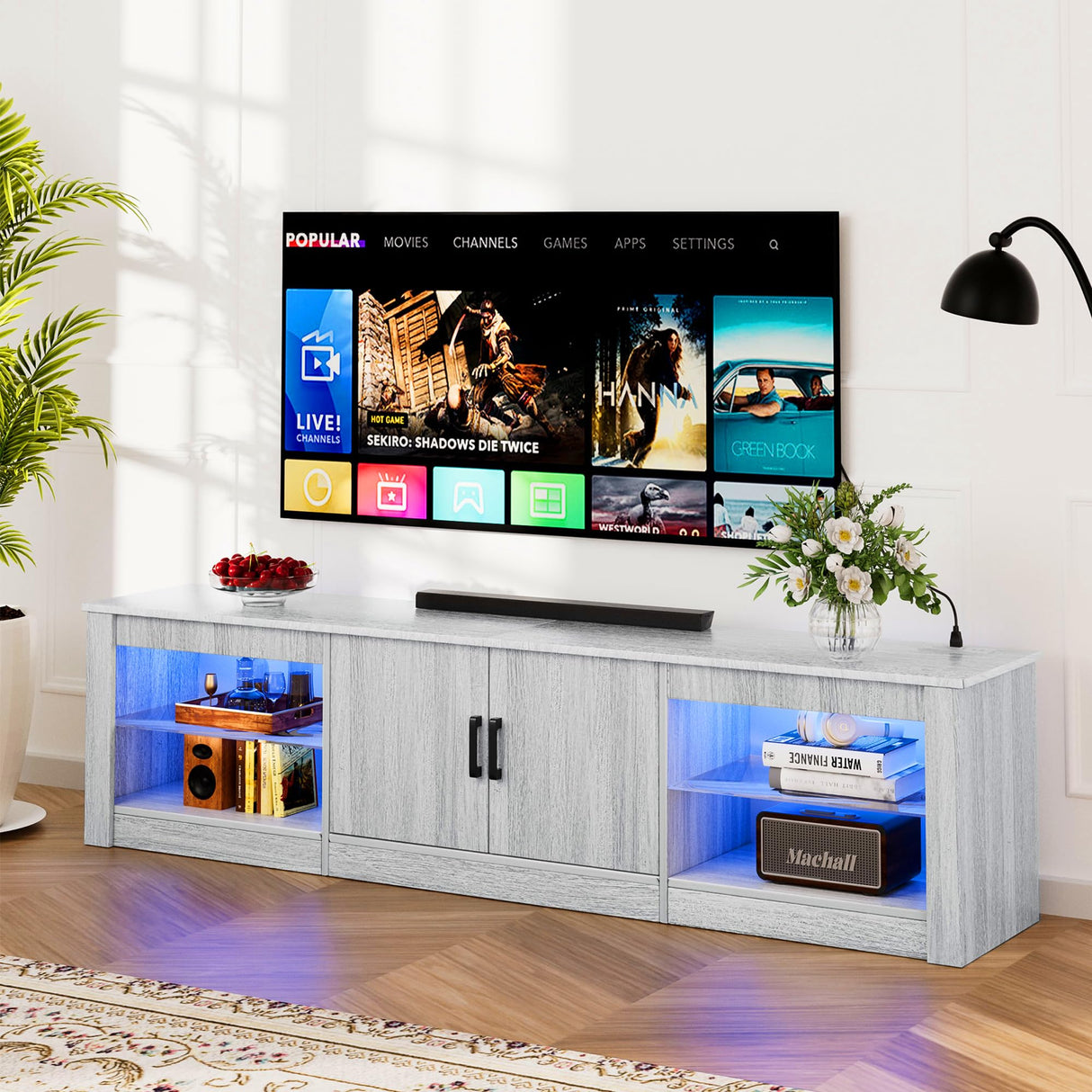 Algglobuy Modern TV Stand for 65 Inch TV with LED Lights, Entertainment Center with Adjustable Tempered Glass Shelves & Power Outlets, Media TV Console Table for Living Room, Bedroom Algglobuy