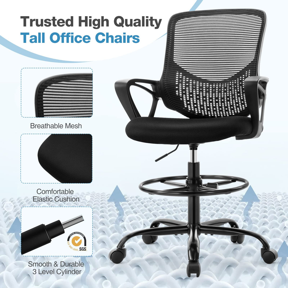 JHK Drafting Home Office Tall Computer Standing Desk Task Chair with Adjustable Foot Ring and Armrest, Breathable Mesh, Ergonomic Lumbar Support, 360° Swivel Rolling for Adult, Black JHK