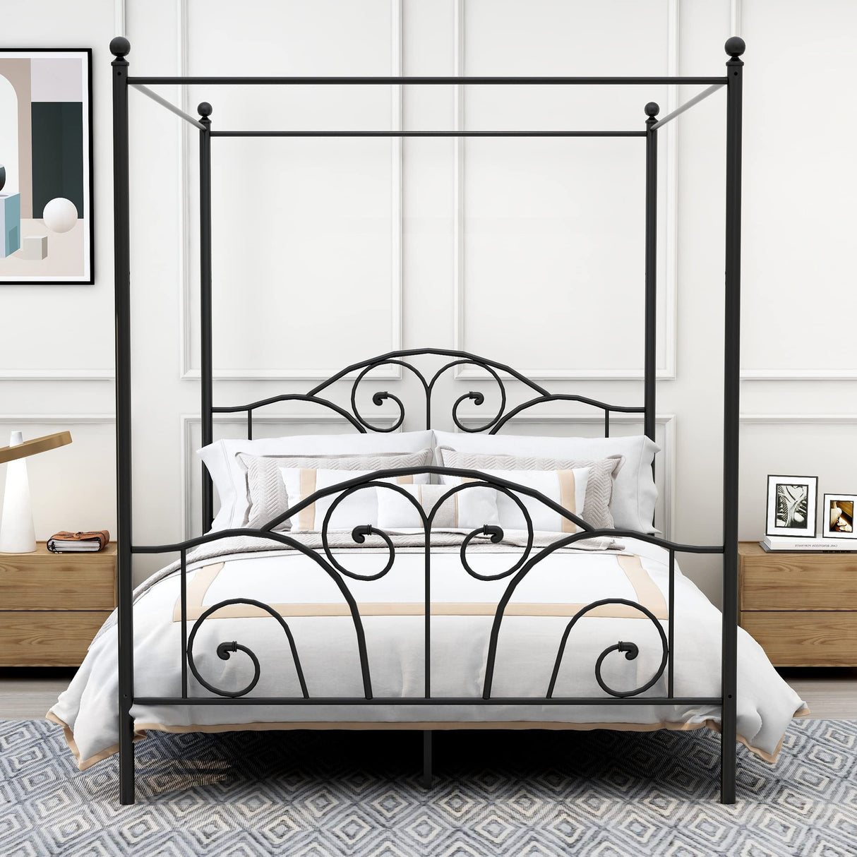 AUFANK Queen Size Four-Poster Metal Canopy Bed Frame with Headboard and Footboard Sturdy Slatted Structure No Box Spring Needed Black AUFANK