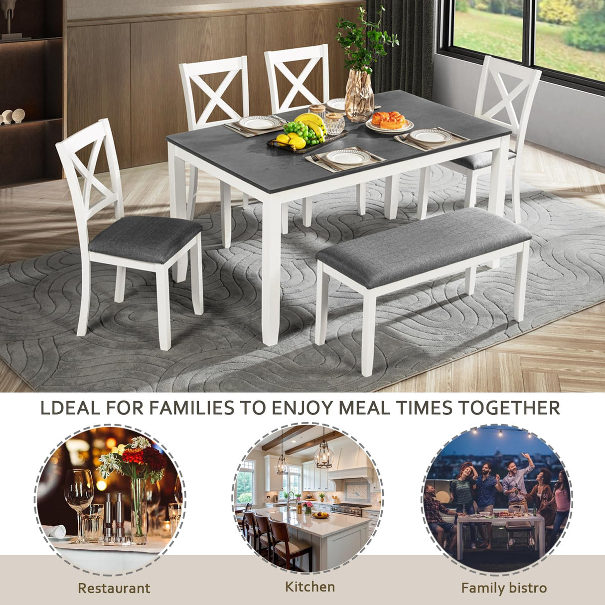 Harper & Bright Designs 6-Piece Dining Set with Bench, Kitchen Table Set with Wood Table, Upholstered Bench and 4 Cross Back Dining Chairs, White+Gray Harper & Bright Designs