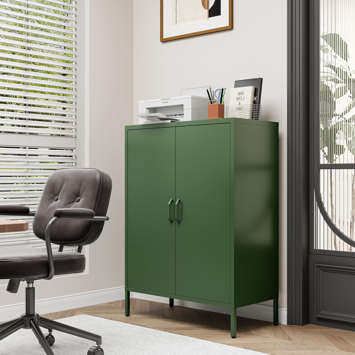 Bevivog Green Metal Locker Cabinet with 2 Doors, Metal Accent Cabinets with 2 Adjustable Shelves Home Office Storage Lockers Sideboard for Kitchen Living Room Hallway Entryway Bevivog