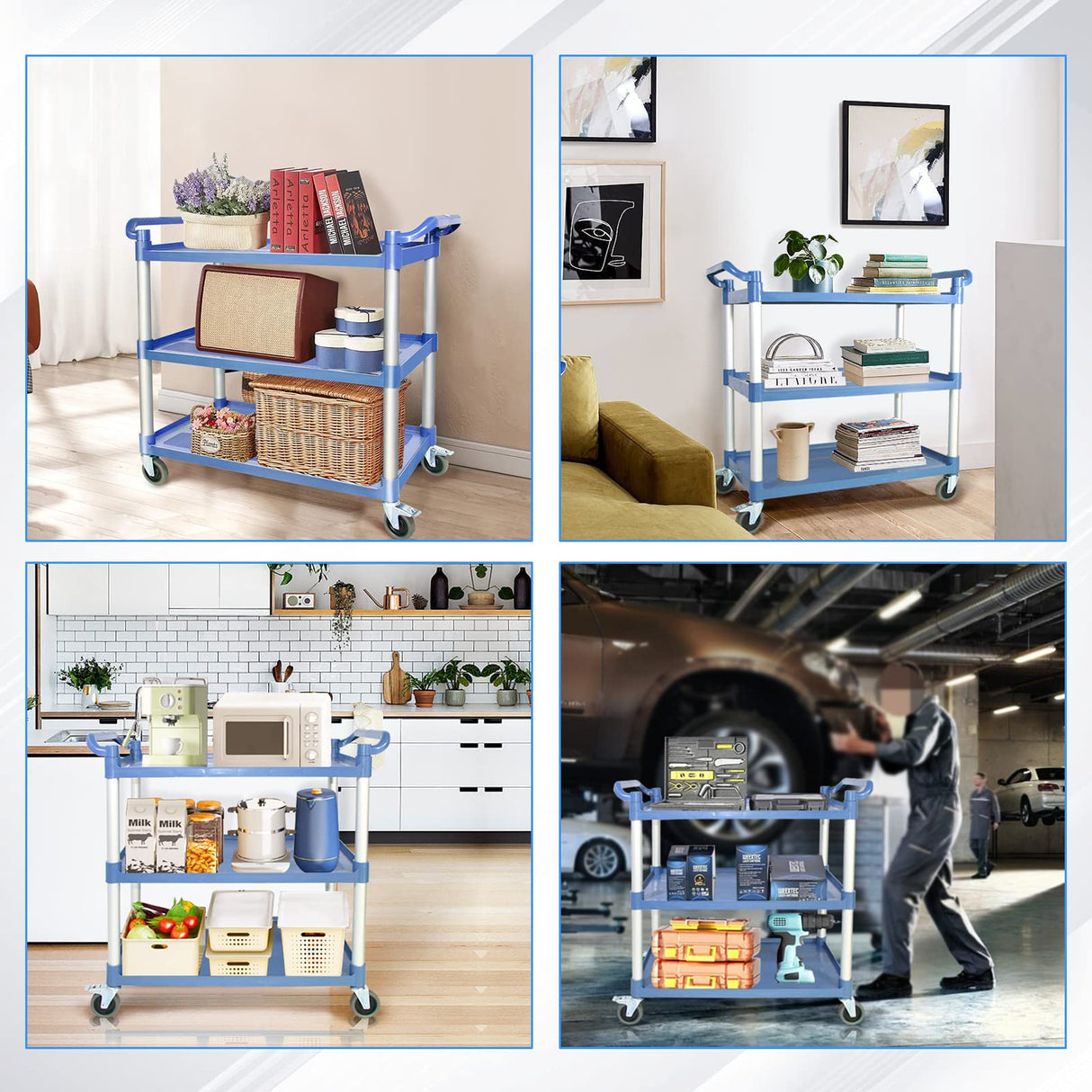 AQNIEGEP Utility Carts with Wheels Rolling Cart Commercial Kitchen Cart Large Food Service Cart Heavy Duty, 600 Lbs Load Capacity, Lockable Wheels, Rubber Hammers AQNIEGEP