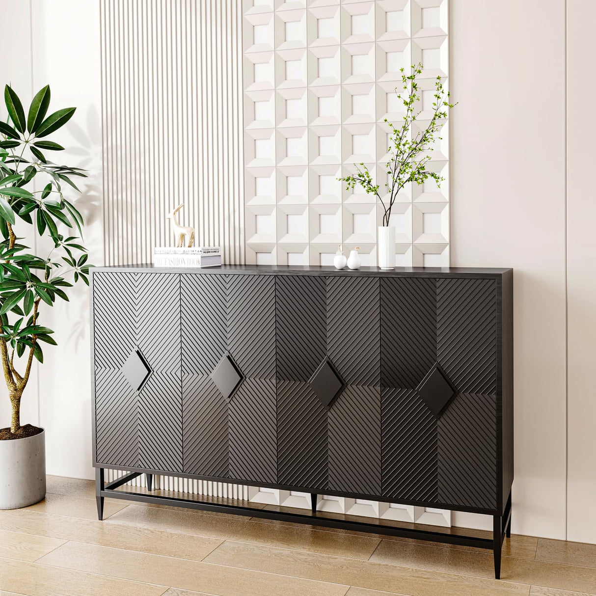 WILSHINE Sideboard Buffet with Storage Cabinet, 60" Black Buffets & Sideboards Credenza Wooden Entryway Table with 4 Doors and Adjustable Shelves for Dining Living Room Kitchen Coffee Bar WILSHINE