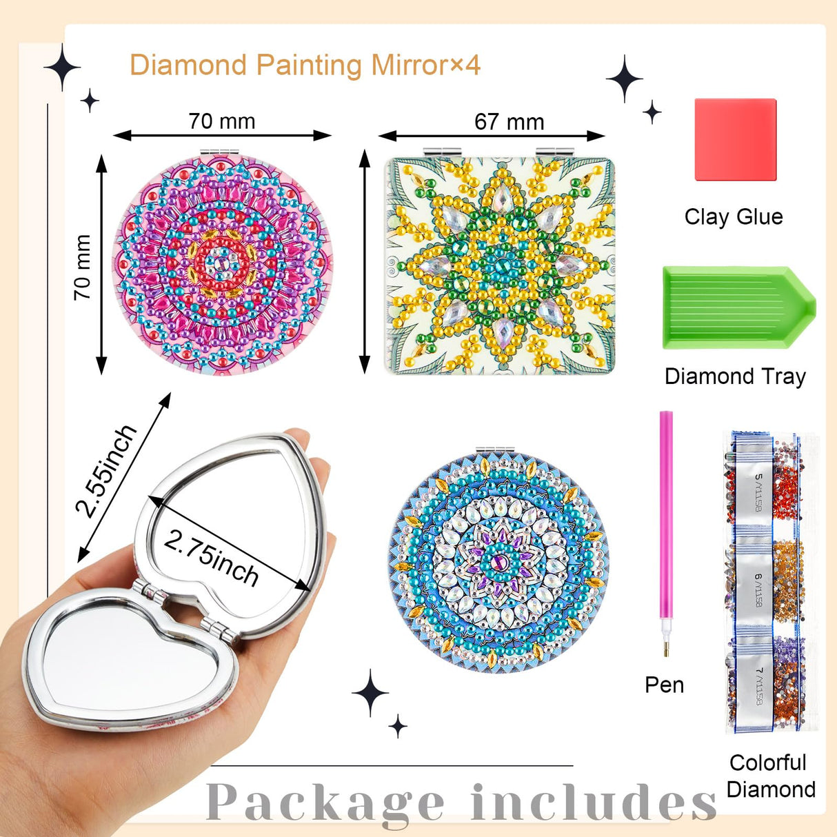 Marsui 4 Pcs Diamond Painting Compact Mirror DIY Painting Pocket Portable Folding Purse Mirror for Women Diamond Art Mom Gifts for Mother's Day Nurse Week Party Favors(Lovely) Marsui