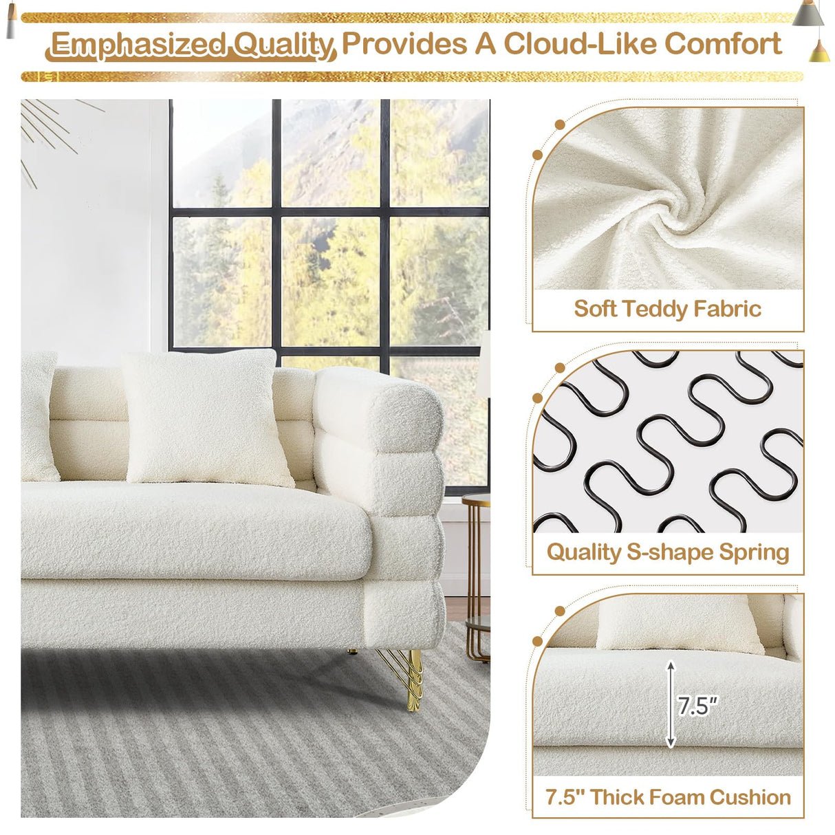 Comfy 3 Seater Sofa, 81-inch Oversized Boucle Couch with Deep Seat Design, Upholstered Sofa Couch with 2 Pillows, Modern Living Room Sofa with Stylish Metal Legs for Office, Waiting Room, White Teddy KINFFICT