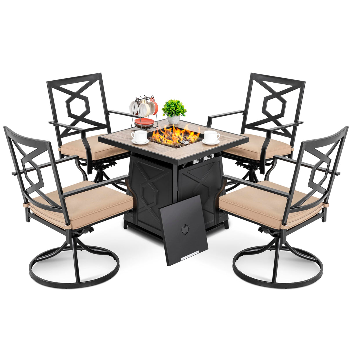 NUU GARDEN 5-Piece Patio Furniture Set with Fire Pit Table, 28'' 50,000 BTU Propane Gas Cabinet Fire Pit Table with Cover and 4 Dining Swivel Chairs with Padded Cushions, Black and Beige NUU GARDEN