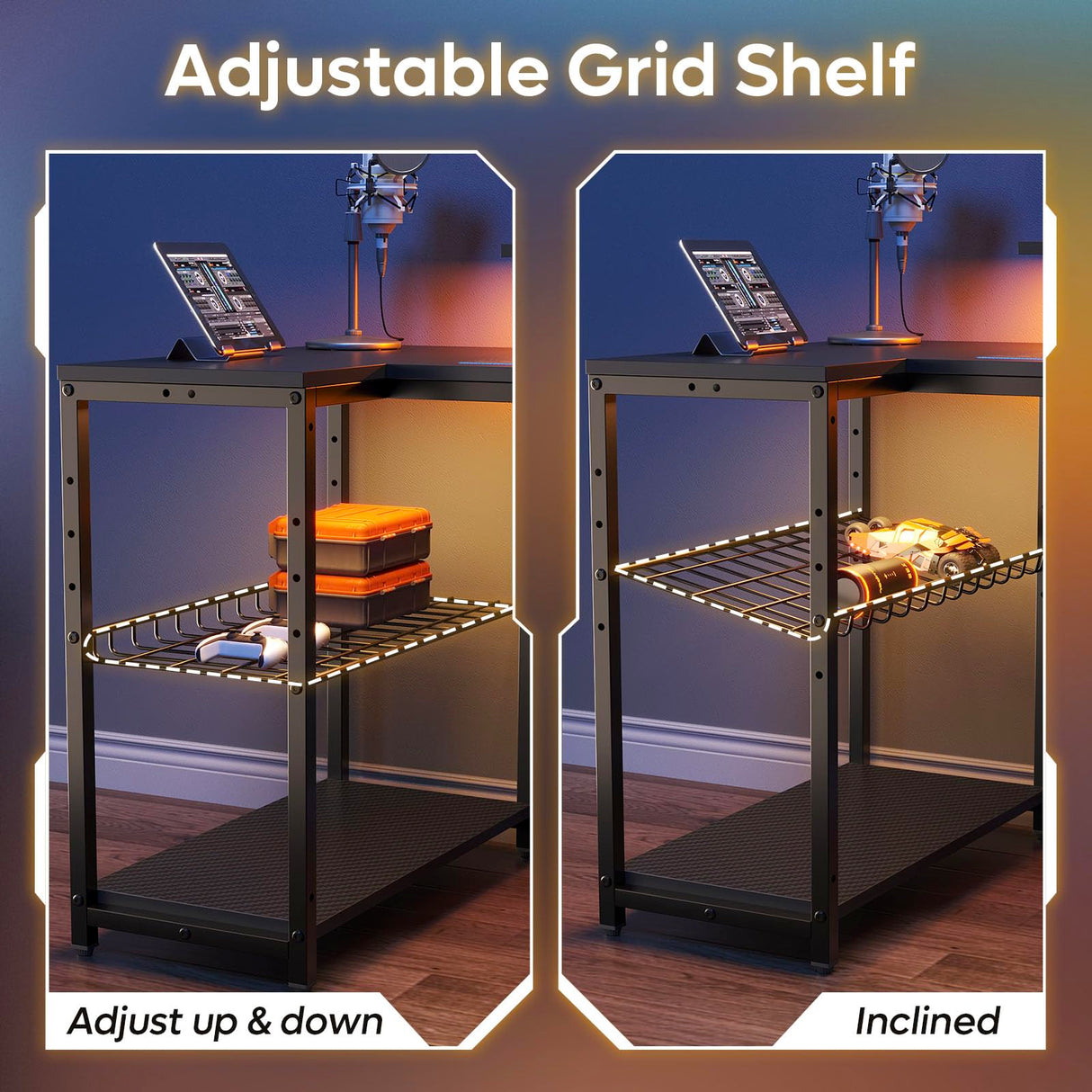 Bestier Gaming Desk with LED Lights & Power Outlets, 63 inch U Shaped Computer Desk with Monitor Stand & Storage Shelves, PC Desk with Cup Holder & Hook for Home Office, Black 3D Carbon Fiber Bestier