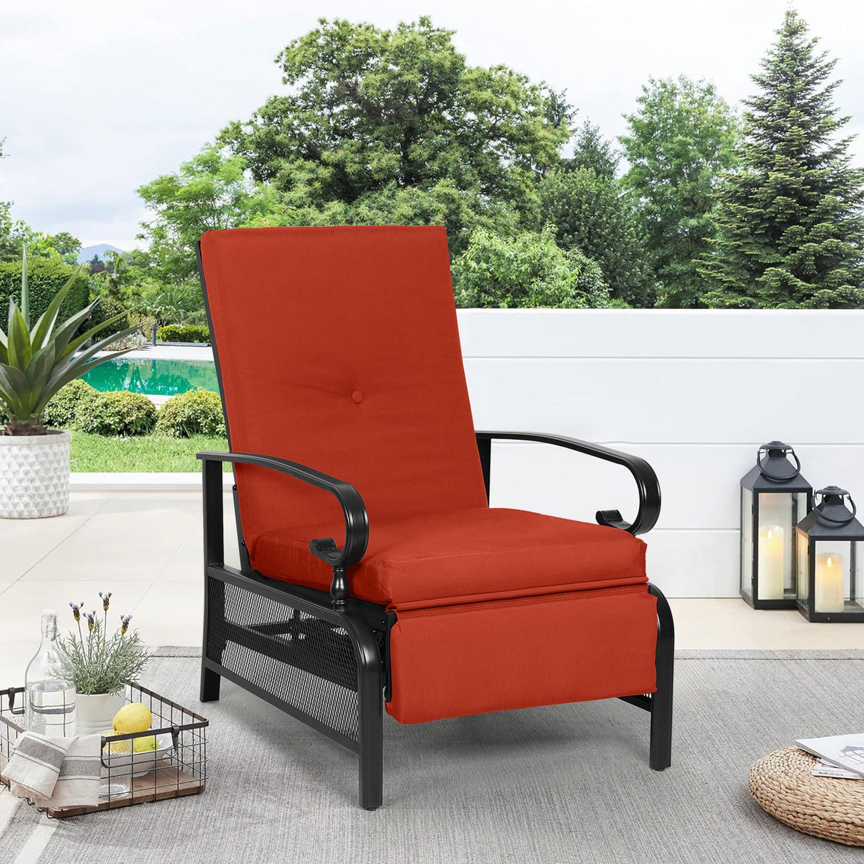Oakcloud Adjustable Outdoor Lounge Chair Metal Patio Relaxing Recliner Chair with Removable Cushions(Red) Oakcloud