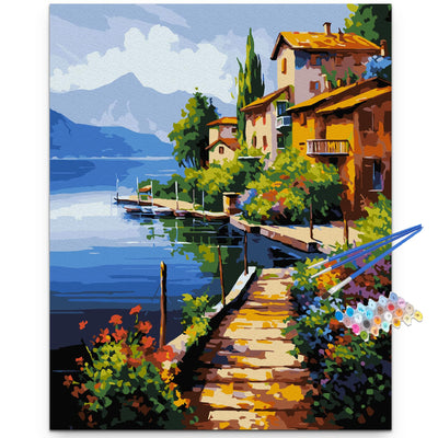Artunion Lakeside Village Docks Paint by Numbers for Adults, Seadide Landscape Lake Paint by Number Kits, DIY Oil Painting Paint by Number Kits on Canvas Arts Craft for Home Wall Decor 16x20 Inch