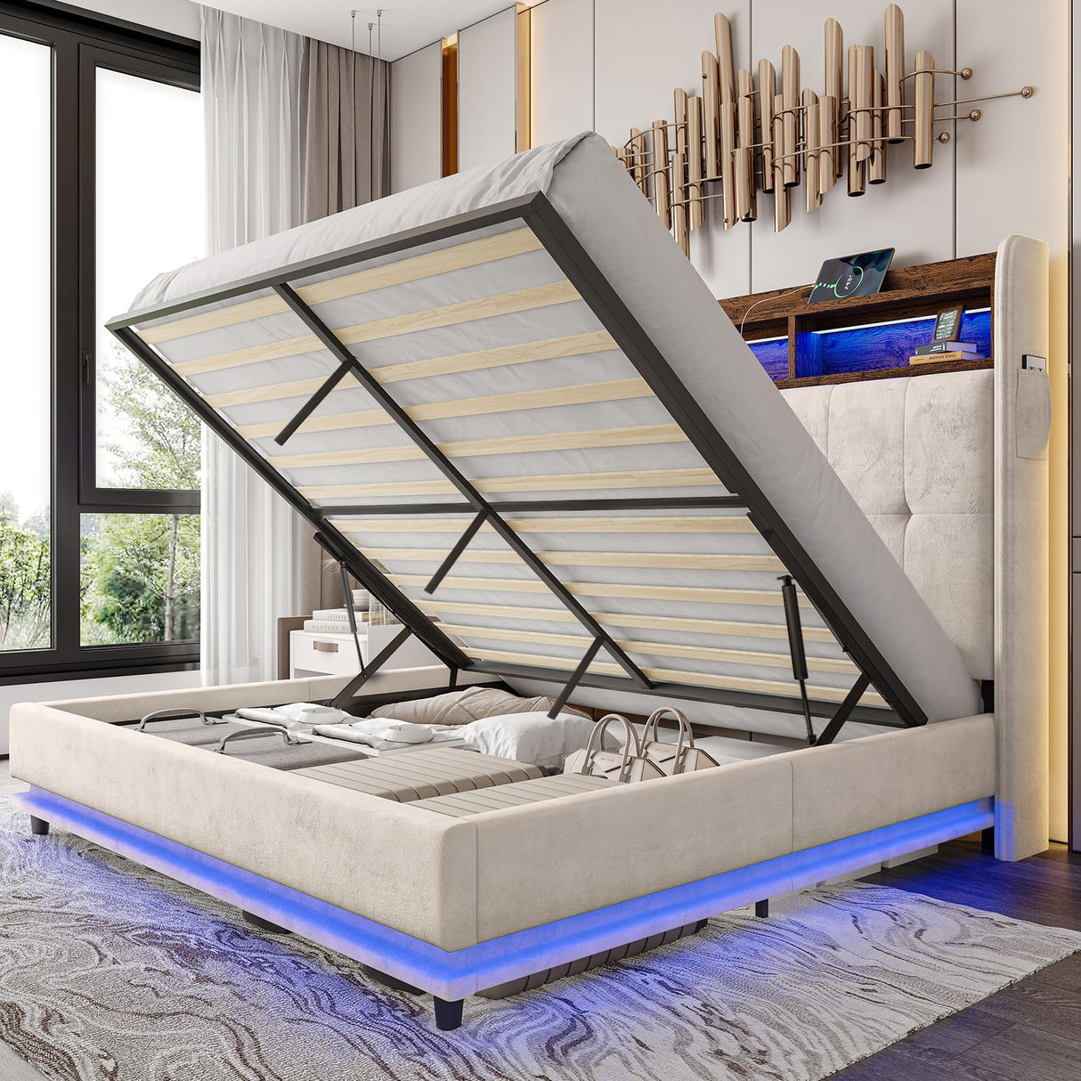 Jocisland Queen Size Bed Frame with Hydraulic Lift Up Storage, 53.1" H Built-in Bookcase & RGB LED Headboard, Velvet Upholstered Wingback Design, No Box Spring Needed, Cream Jocisland