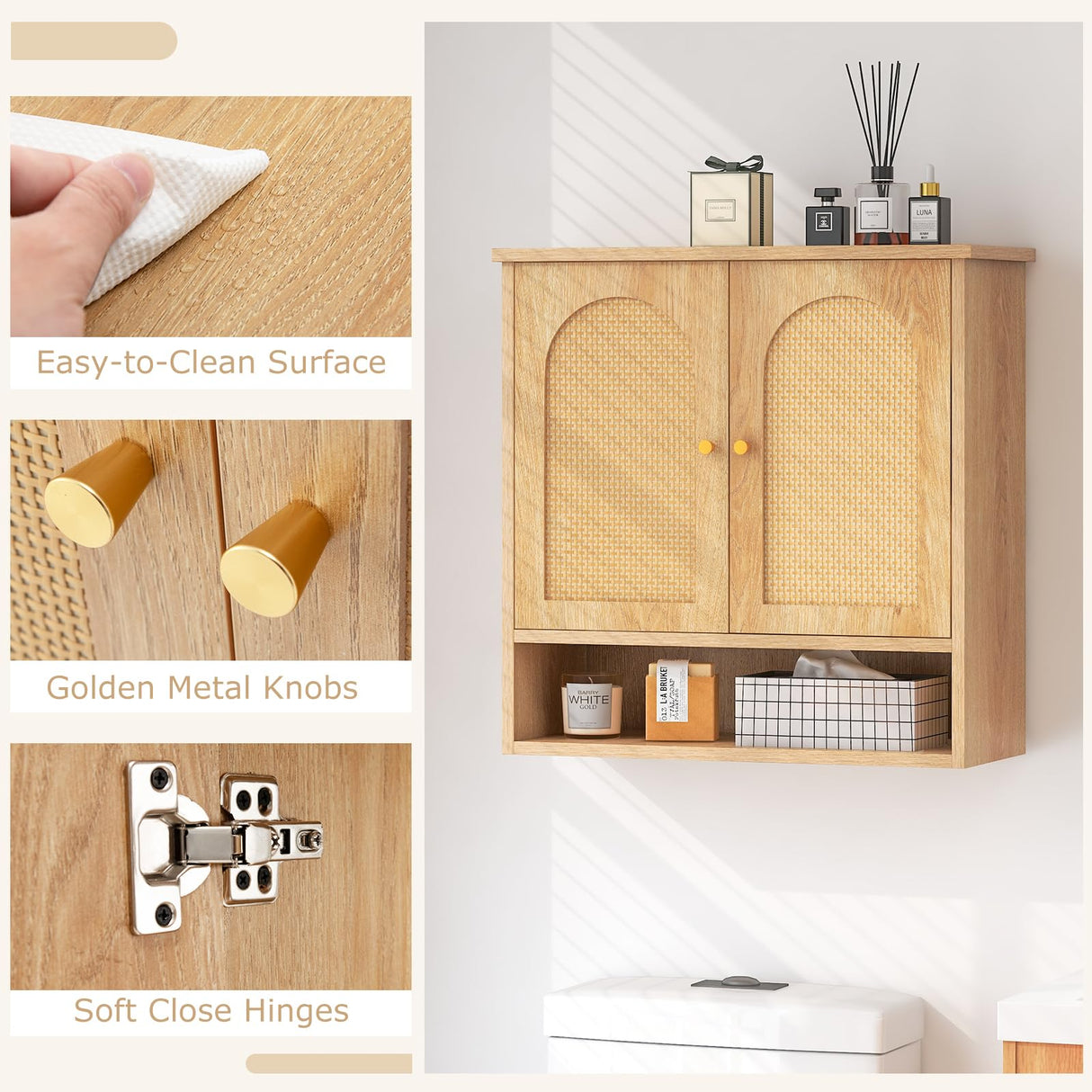 Tangkula Medicine Cabinet w/ 2 Rattan Doors, Wall Mounted Bathroom Cabinet Over The Toilet, Hanging Wall Storage Cabinet Cupboard for Laundry Room Kitchen Entryway (No Back, Natural) Tangkula