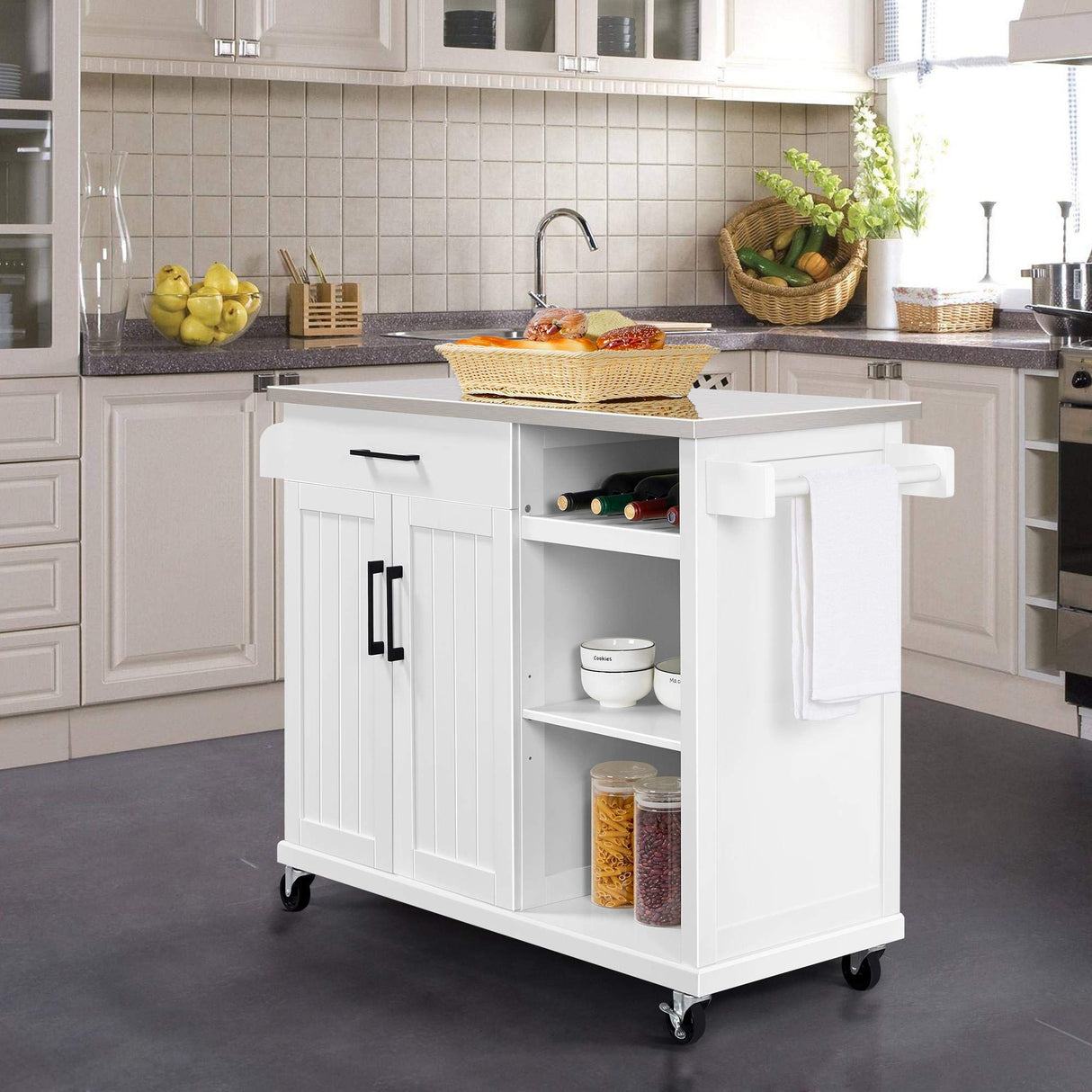 Yaheetech Kitchen Island Cart with Stainless Steel Top, Rolling Storage Cabinet on Wheels with Drawer & Wine Rack & Spice Rack, Sideboard Buffet with Towel Bar, White Yaheetech