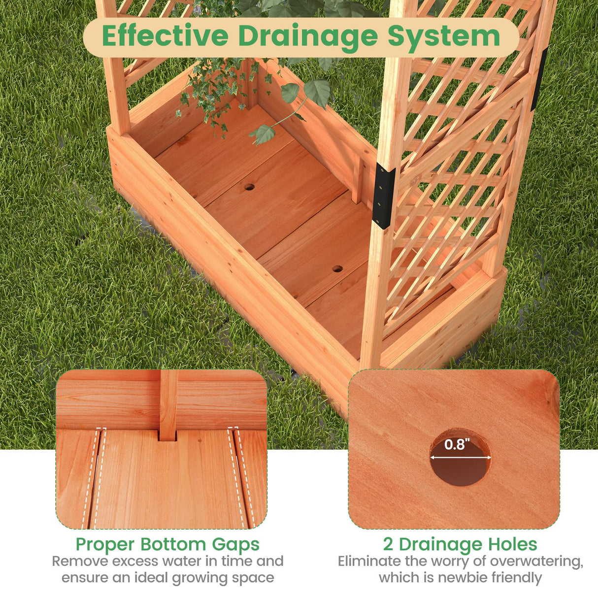 Giantex Set of 2 Raised Garden Bed with 2-Sided Trellis & Hanging Roof, Fir Wood Planter Box w/Drainage Holes, Freestanding Garden Planter for Flowers Herbs Climbing Vines (43.5" x 17.5" x 72") Giantex