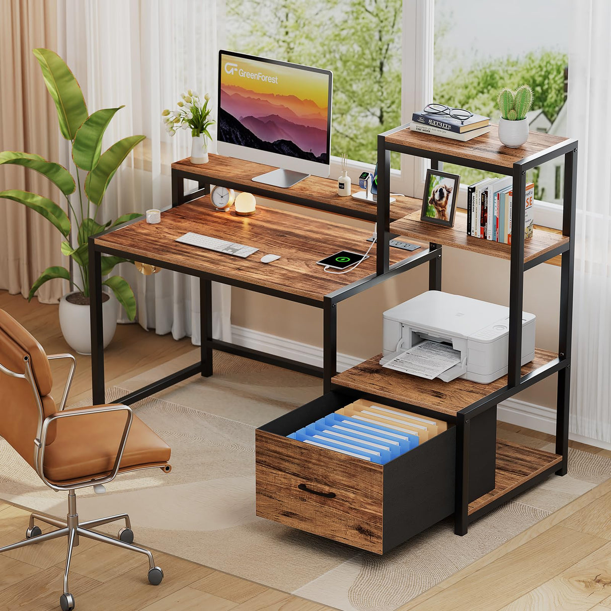 GreenForest Computer Desk with Drawers and Monitor Stand, Home Office Desk with Storage Shelves, Small Gaming Desk with Power Outlets and LED Lights for Study Writing Working, 51 inch Walnut GreenForest