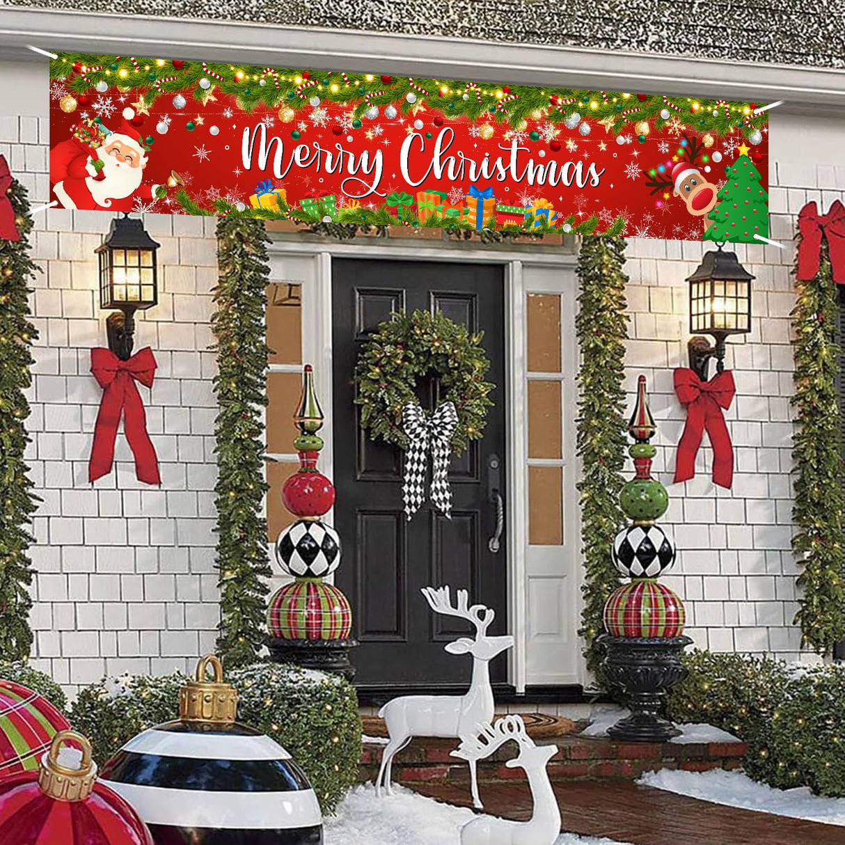 Lecheme Merry Christmas Banner 8x1.6 ft Yard Fence Backdrop Outdoor Red Santa Christmas Party Decorations Lecheme