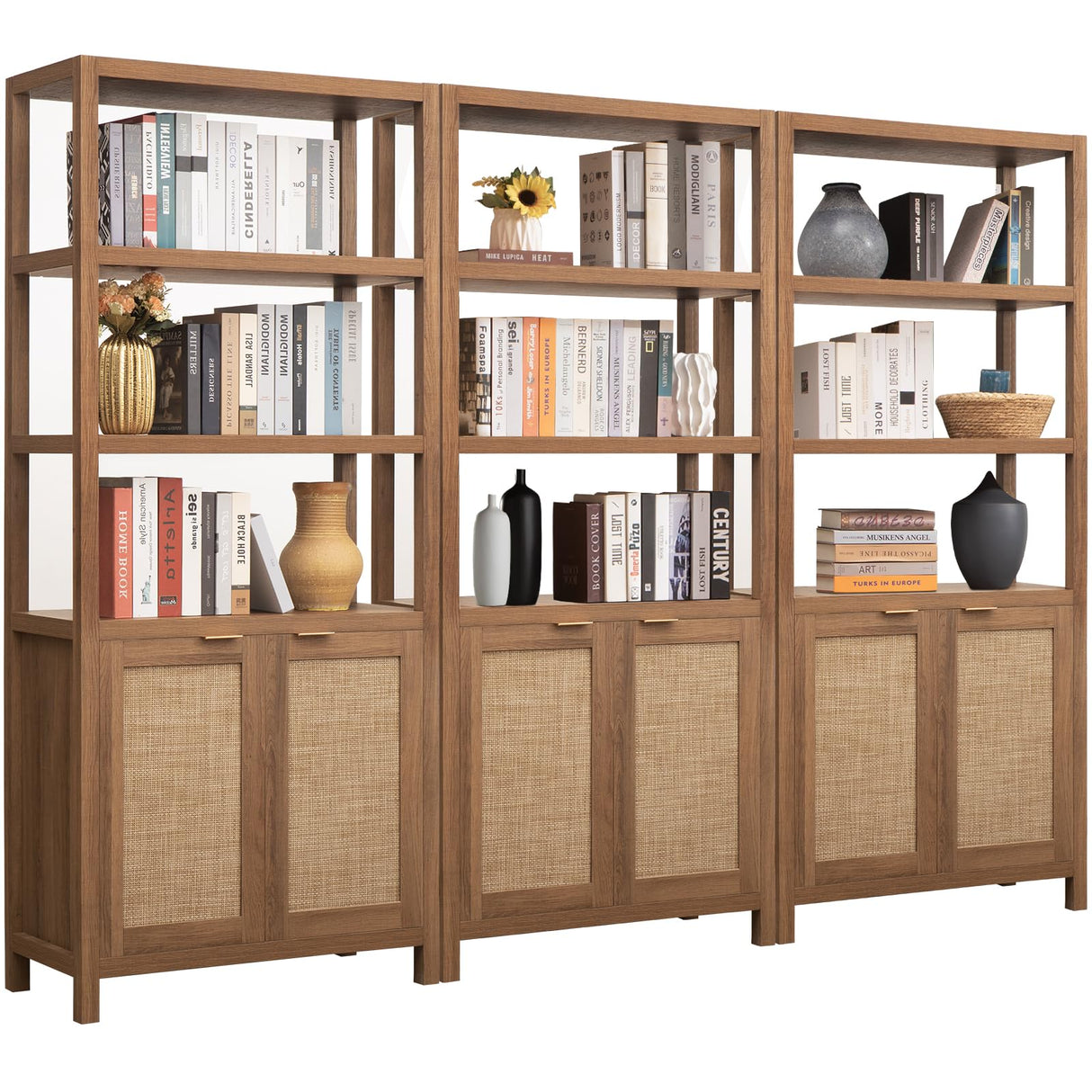 SICOTAS Bookshelf 5 Tier Book Shelf Rattan Boho 71" Tall Bookcase with Doors Storage Shelves Large Bookshelves Farmhouse Bookcases Library Book Case for Living Room Bedroom Home Office Kitchen SICOTAS