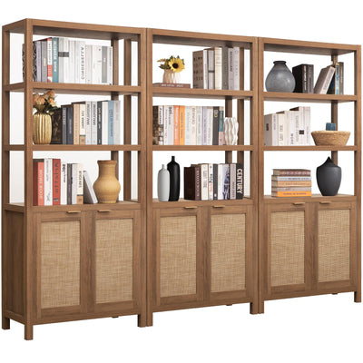 SICOTAS Bookshelf 5 Tier Book Shelf Rattan Boho 71" Tall Bookcase with Doors Storage Shelves Large Bookshelves Farmhouse Bookcases Library Book Case for Living Room Bedroom Home Office Kitchen