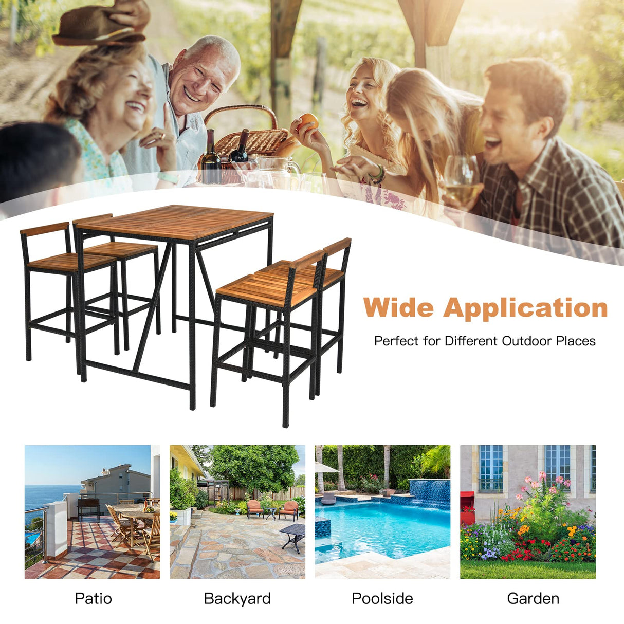 RELAX4LIFE 5-Piece Patio Bar Set, Acacia Wood Counter Height Bistro Dining Table w/Umbrella Hole, Wicker Rattan Bar Stools Set of 4 for Balcony Backyard Poolside, 5PCS Outdoor Bar Table and Chairs Set RELAX4LIFE