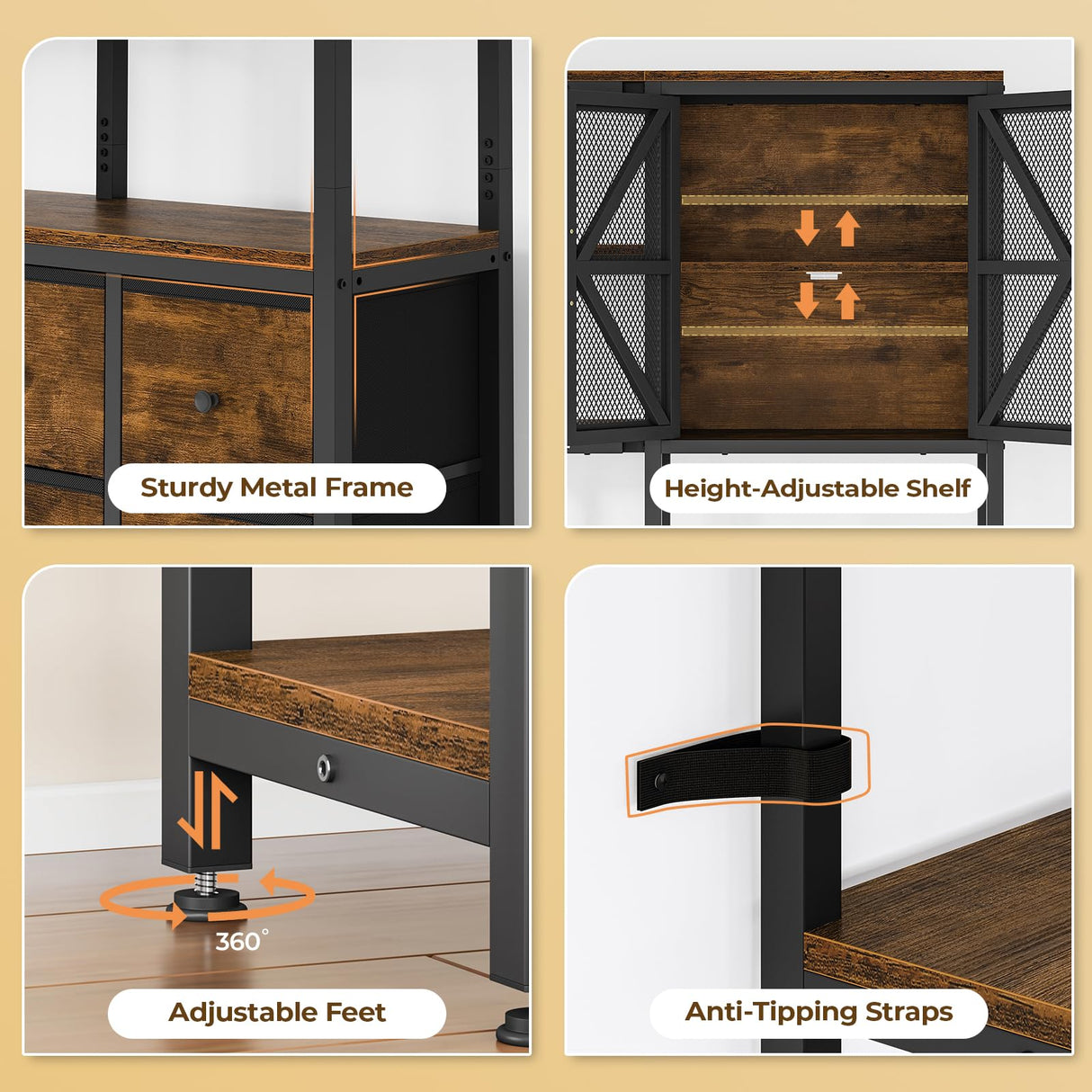 BTHFST Corner Bookshelf 6 Tier, 70.9" Convertible Tall Bookshelf with 6 Fabric Drawers, Corner Bookcase with Metal Doors, Large Display Shelf Book Shelf for Living Room,Home Office, Rustic Brown BTHFST