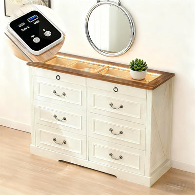 UYIHOME 8 Drawer Dresser, Farmhouse Dressers for Bedroom with Jewelry Storage on Top, White Dresser with Sensor LED Lights and USB Charging, Storage Cabinet for Living Room, Hallway, Closet