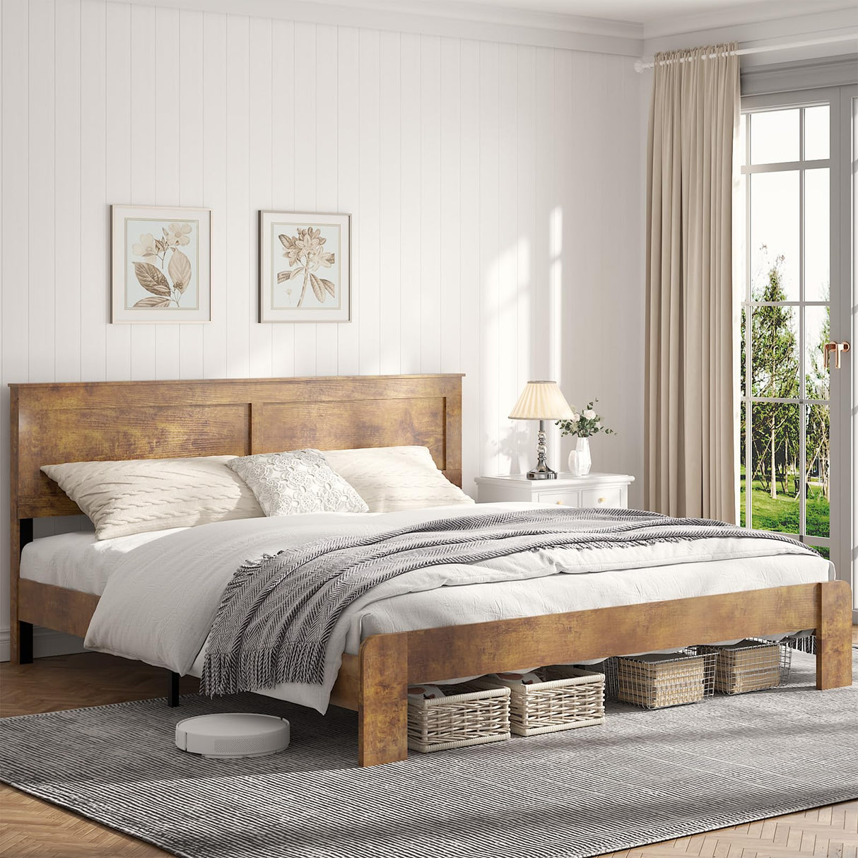 SAMTRA Wooden Bed Frame King Size with Headboard, Farmhouse Platform Bedframe with Wood Slat Support, Sturdy Framework Bed Frame, Easy Assembly (Rustic Brown) SAMTRA