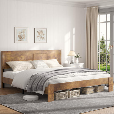 SAMTRA Wooden Bed Frame King Size with Headboard, Farmhouse Platform Bedframe with Wood Slat Support, Sturdy Framework Bed Frame, Easy Assembly (Rustic Brown)