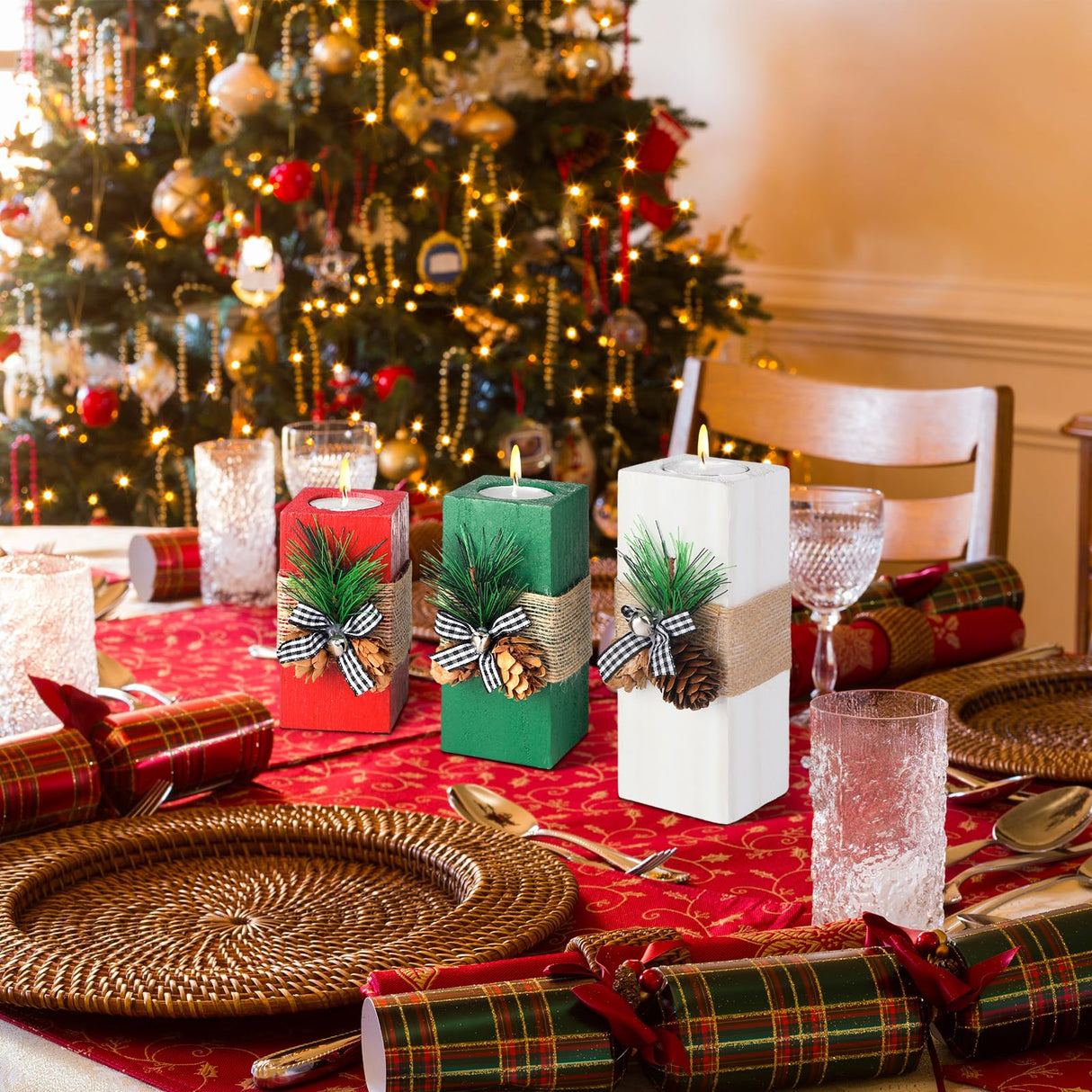 Sliner 3 Pcs Christmas Candle Holders with Candles Wooden Xmas Tealight Candle Holders Decorations Red White Green Votive Wood Candlestick for Christmas Table Centerpiece Decor Xmas Gifts Sliner
