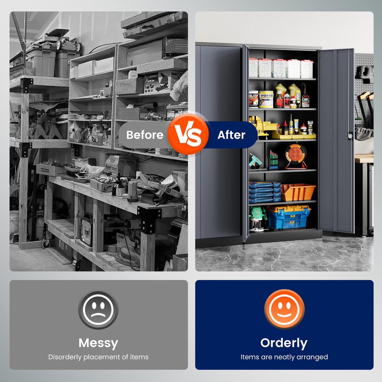 Yizosh Metal Garage Storage Cabinet with 5 Adjustable Shelves, 71" Metal Storage Cabinet with Locking Doors, Steel Tool Cabinets for Home, Office, Garage, Warehouse, School (Black Grey) Yizosh