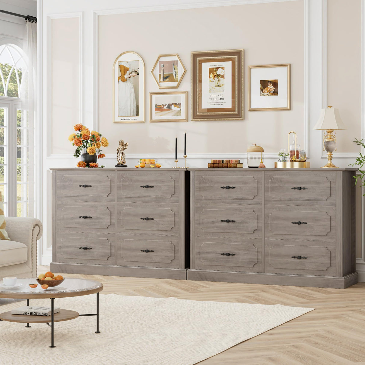 finetones Wood Dresser 6 Drawer, 47.2'' Grey Dresser Farmhouse Dresser Chest of Drawers with Designed Drawer Surfaces, Grey Dresser with Deeper Drawer, Ash Grey finetones