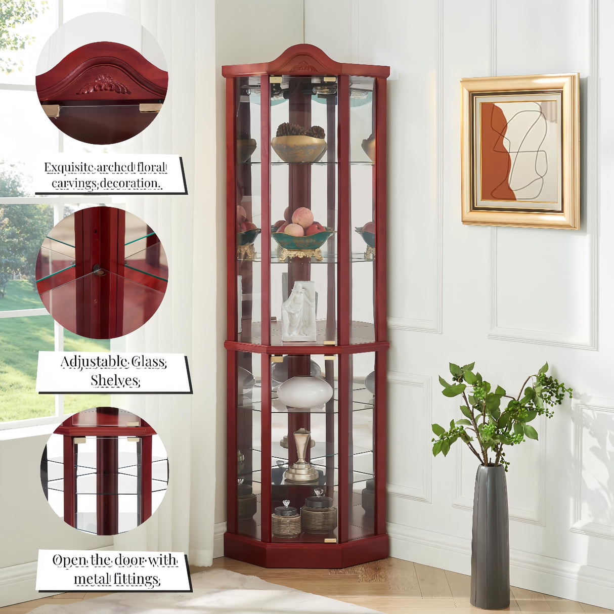 Rpuzonier Lighted Wooden Corner Display Curio Cabinet, Curved Shelving Unit Lighted Corner Display with Adjustable Shelves&Mirrored Back Panel, Tempered Glass Doors for Bedroom, Living Room (Cherry1) Rpuzonier
