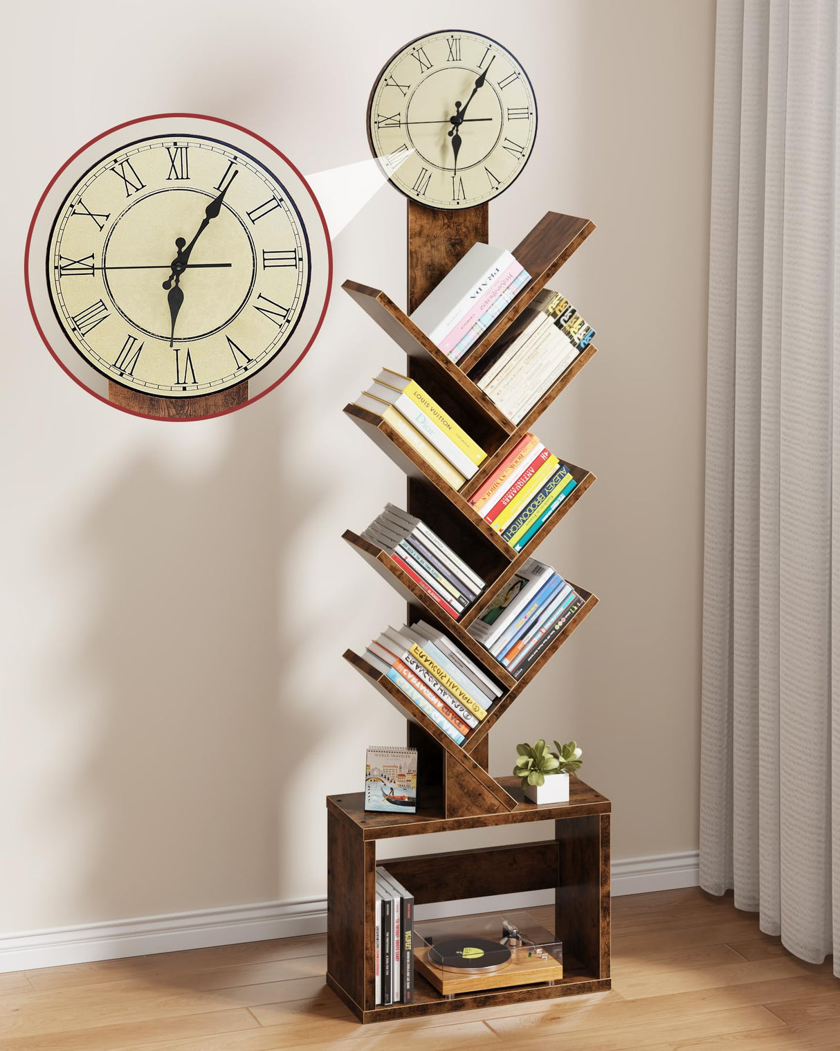 HIGDBFE 7 Tier Tree Bookshelf with Clock and Storage Cabinet, Small Narrow Floor Standing Bookcase for Bedroom, Living Room, Home Office, Rustic Brown HIGDBFE