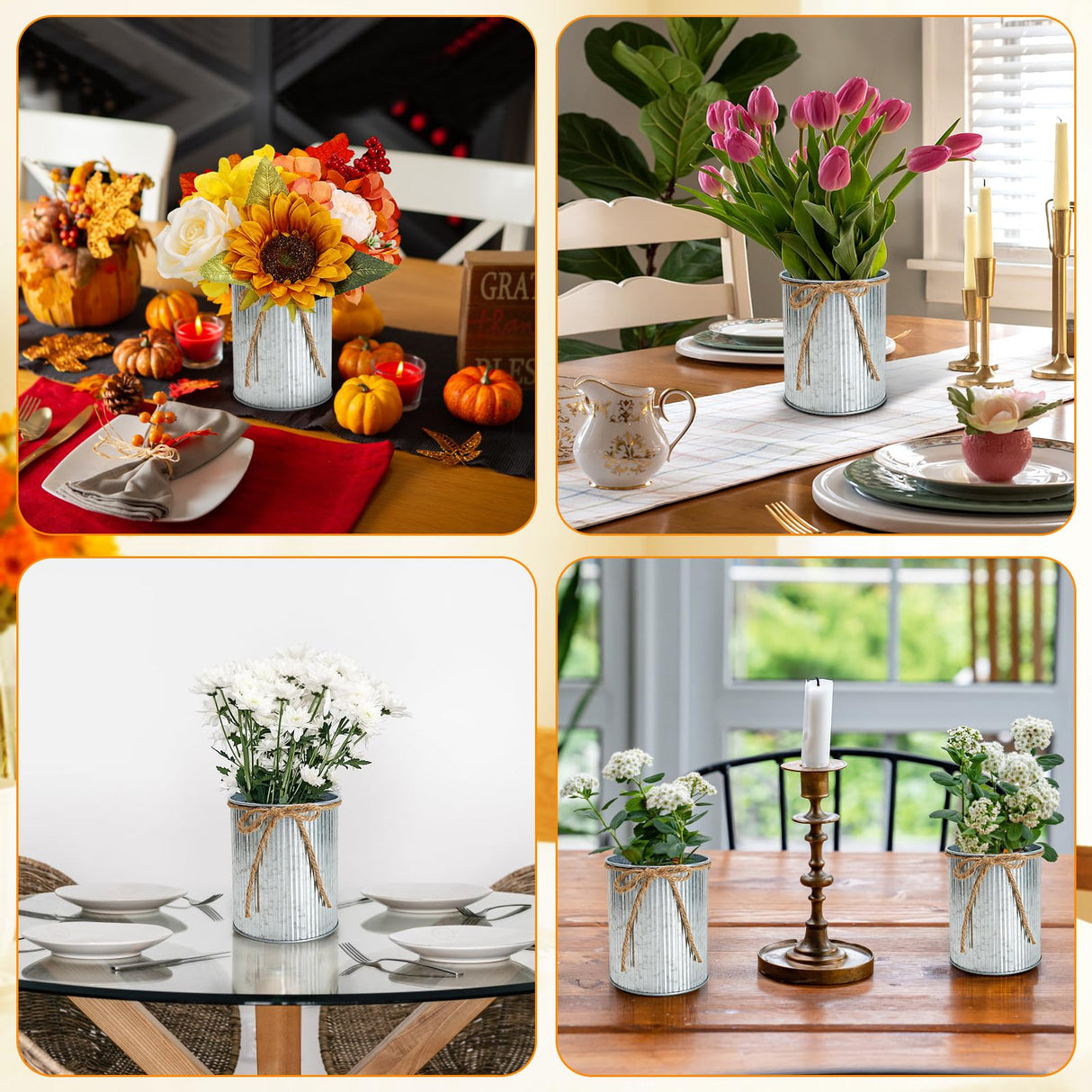 Scawim High Farmhouse Vase Decor, 4.55 X 4 Inch Rustic Flower Vase with Twine Bow Bulk 12PCS Tin Metal Buckets for Artificial Flowers Table Centerpiece Wedding Engagement Home(Iron) Scawim