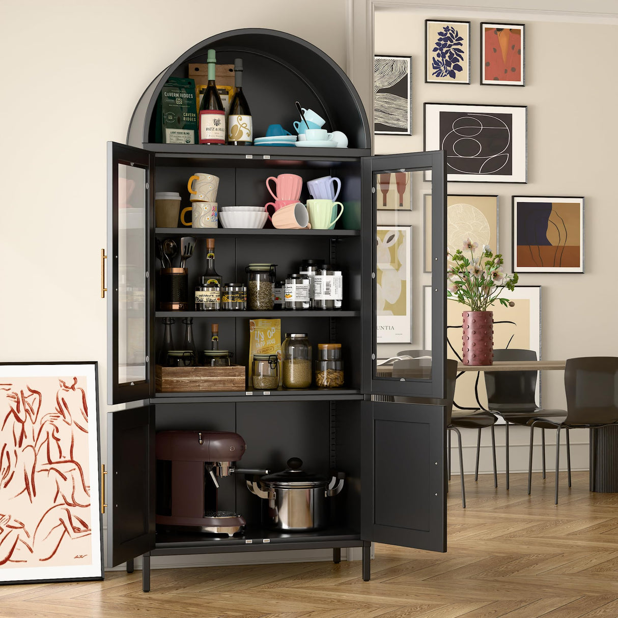 JAORD Metal Arched Cabinet, 73'' Arched Kitchen Pantry Storage Cabinet with Doors/Shelves, Black Arched Bookcase Display Cabinet for Home Office Bar Living Room, Assemble Require JAORD