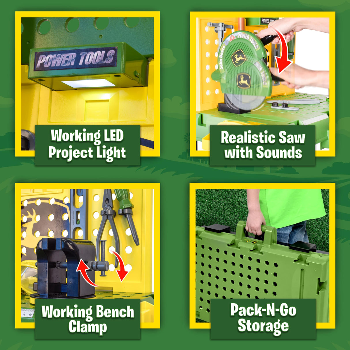 John Deere Kids Workbench, Power Tools Workshop, Build Your Own Toy Tool Box with 55 Realistic Toy Tools and Accessories, 5+ Sunny Days Entertainment