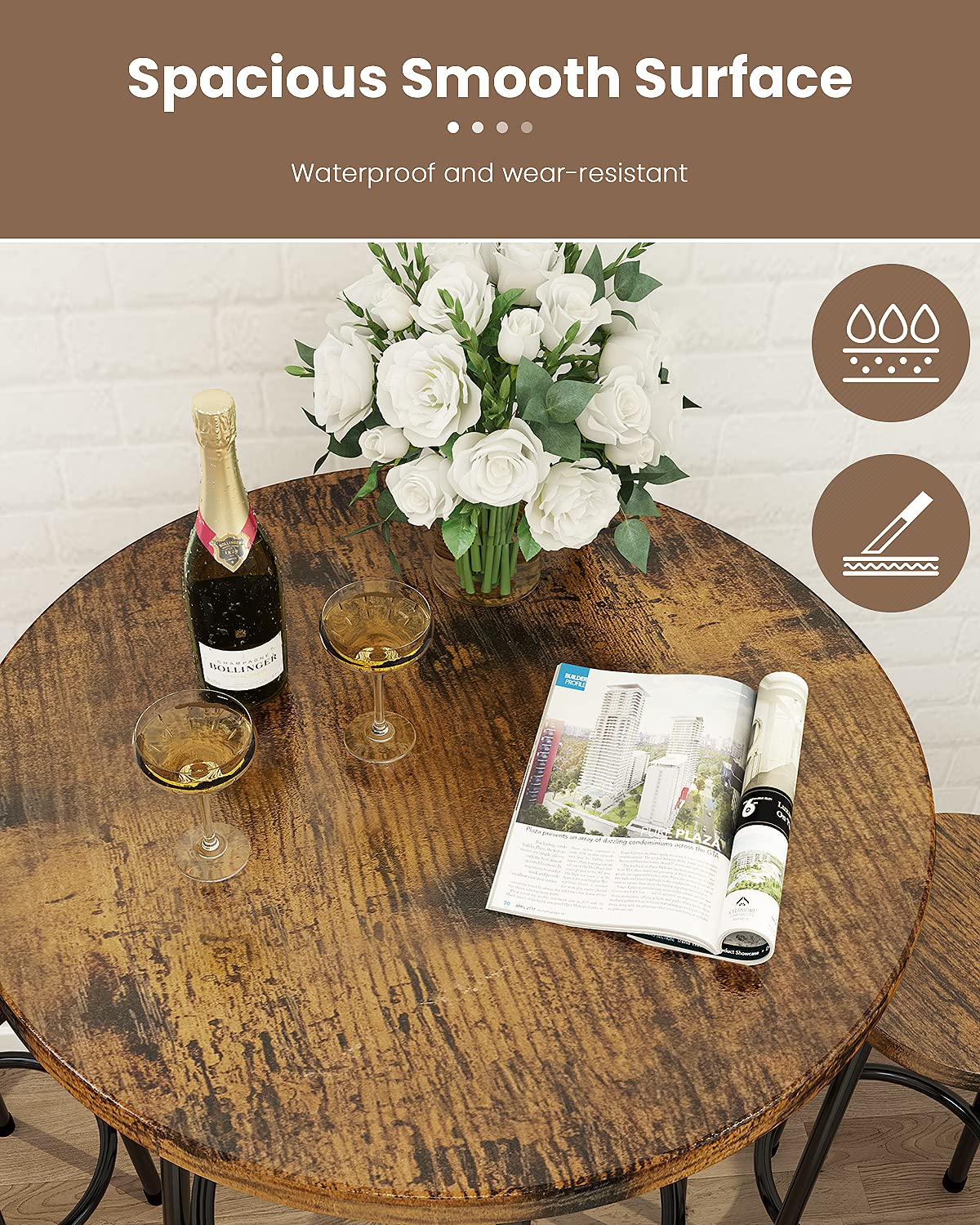 Recaceik 3 Piece Pub Dining Set, Modern Round bar Table and Stools for 2 Kitchen Counter Height Wood Top Bistro Easy Assemble for Breakfast Nook Living Room Small Space Restaurant, Rustic Brown 23 Recaceik