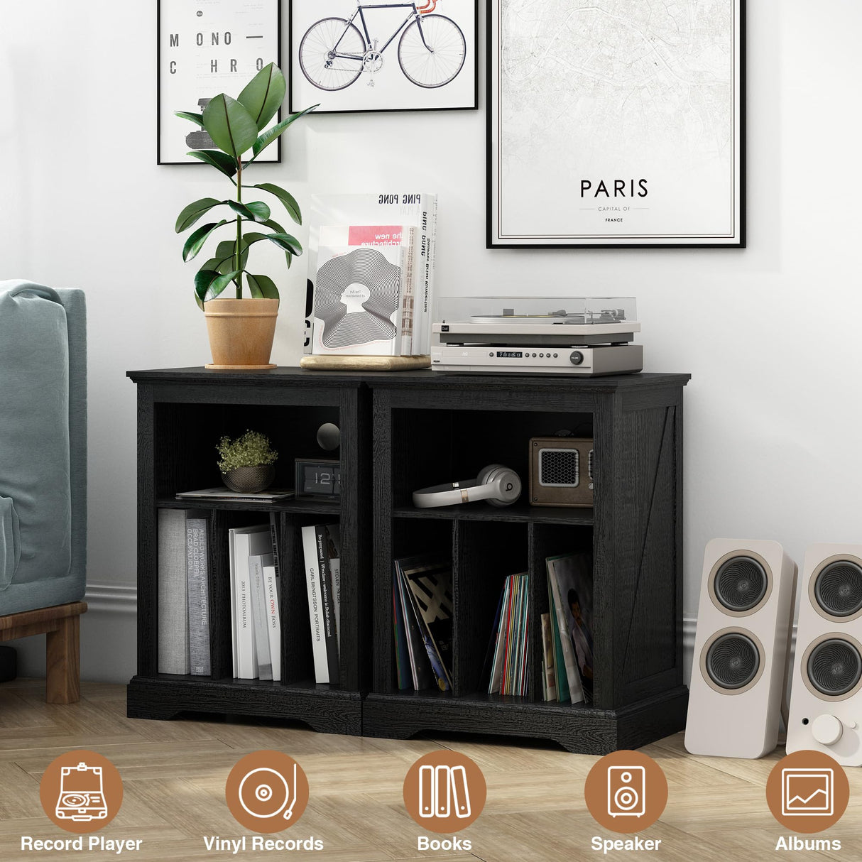 RowyPoey Farmhouse Record Player Stand, 3 Tier Turntable Stand with Vinyl Record Storage Holds Up to 160 Albums,Wood Record Holder Cabinet Dispaly Shelf for Living Room,Bedroom,Office,Black RowyPoey