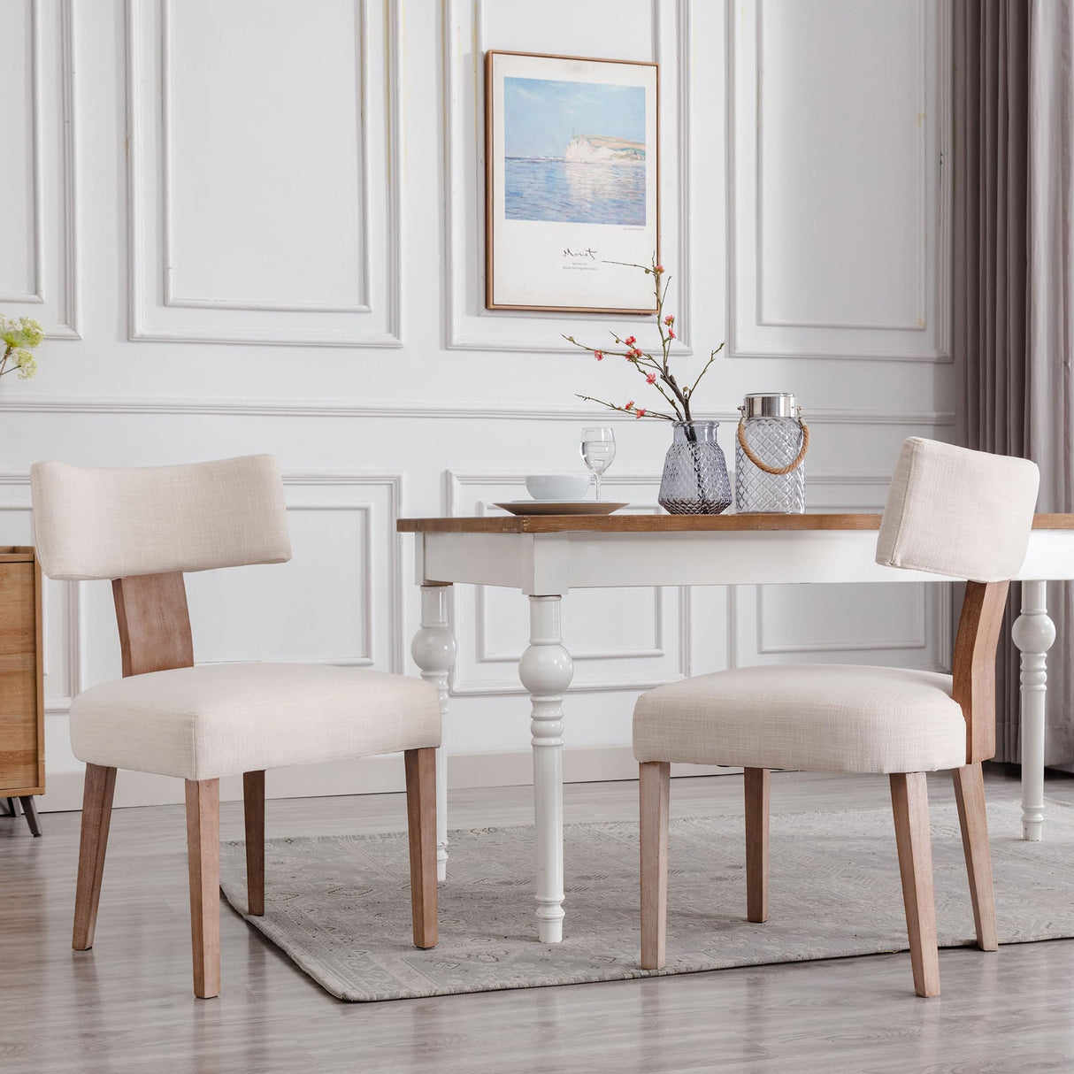 Wahson Beige Dining Chairs Set of 2, Comfy Upholstered Modern Farmhouse Kitchen Chairs with Wood Legs, Linen Fabric Dining Chairs with Curved Wingback for Living Room Bedroom Wahson